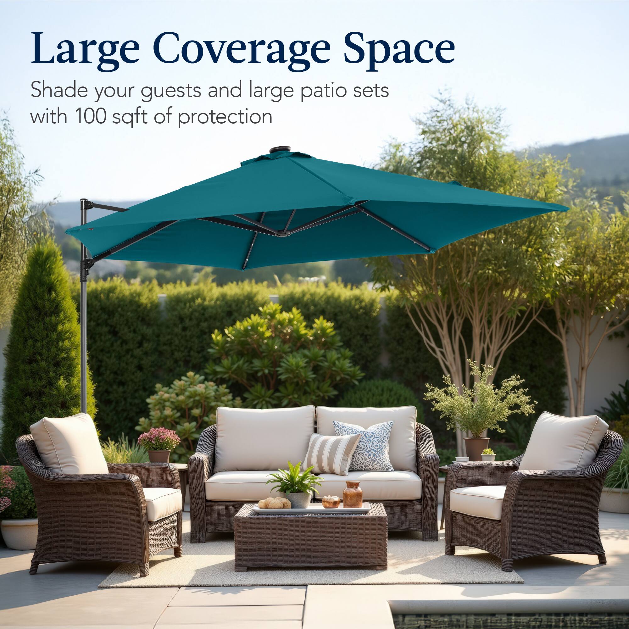 Large Coverage Space  
Shade your guests and large patio sets with 100 sqft of protection