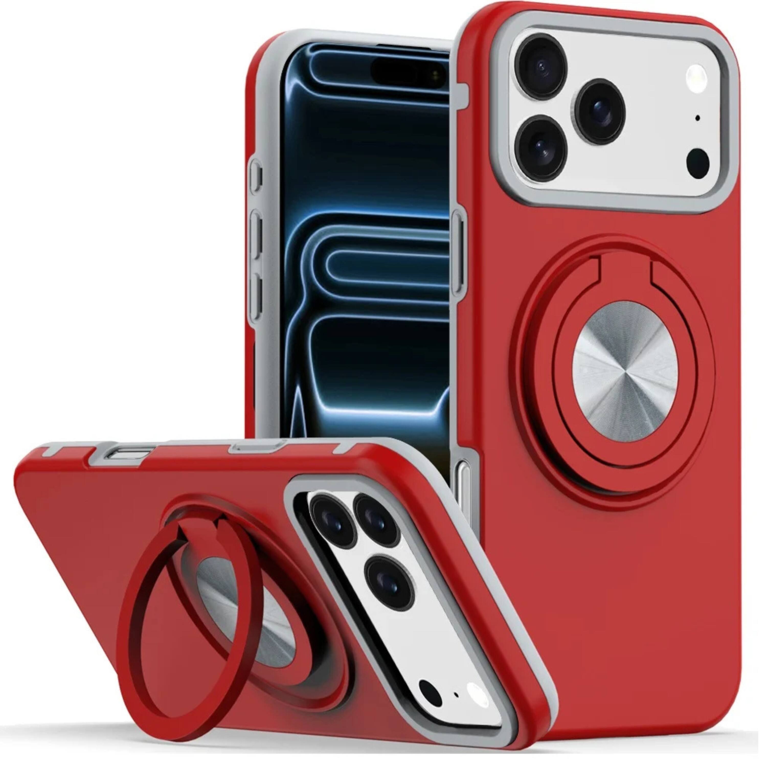 Front. Kitcheniva - Heavy Duty Solid Shockproof Ring Stand Case With Tempered Glass For iPhone 17 Pro Max Red - Red.