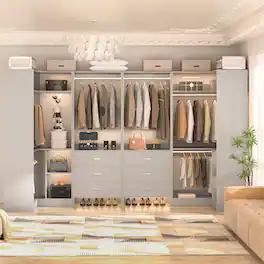 Aheaplus - U-Shaped Closet Organizer System with 6 Drawers, 112.5" Walk-in Wardrobe System with Hanging Rods & Shelves, Set of 4 - Gray