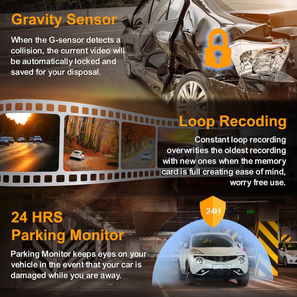 Gravity Sensor  
When the G-sensor detects a collision, the current video will be automatically locked and saved for your disposal.

Loop Recording  
Constant loop recording overwrites the oldest recording with new ones when the memory card is full, creating ease of mind, worry-free use.

24 HRS Parking Monitor  
Parking Monitor keeps eyes on your vehicle in the event that your car is damaged while you are away.