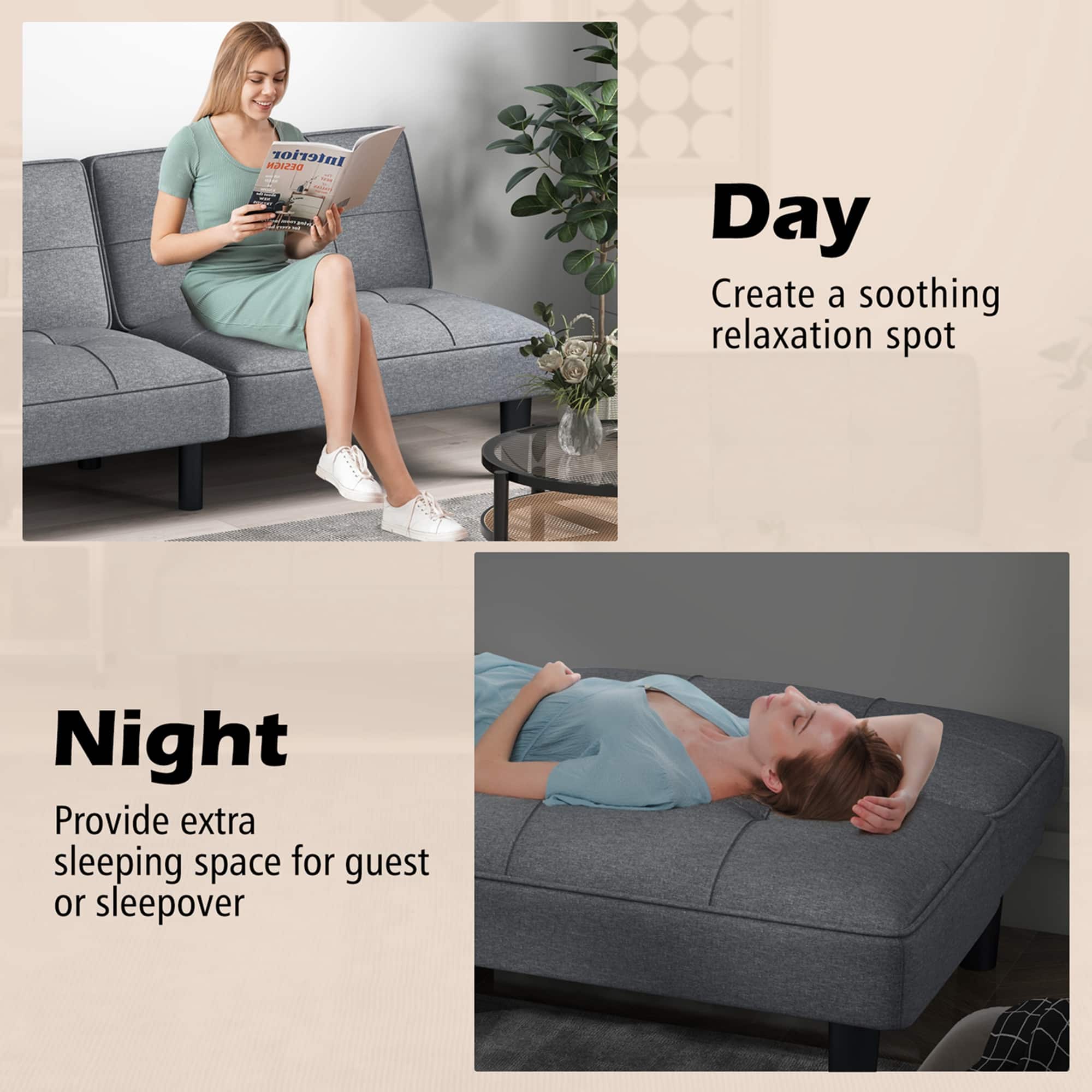 Design Interior Day: Create a soothing relaxation spot. Night: Provide extra sleeping space for guest or sleepover.