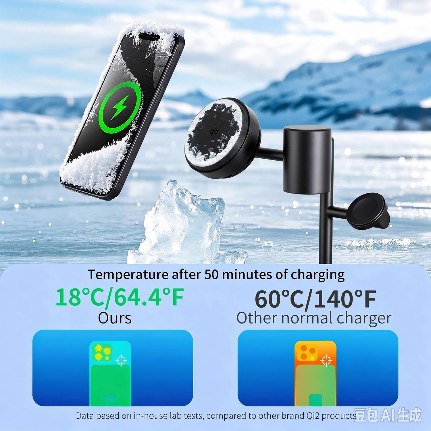 Temperature after 50 minutes of charging  
18°C/64.4°F  
Ours  

60°C/140°F  
Other normal charger  

Data based on in-house lab tests, compared to other brand Qi2 products