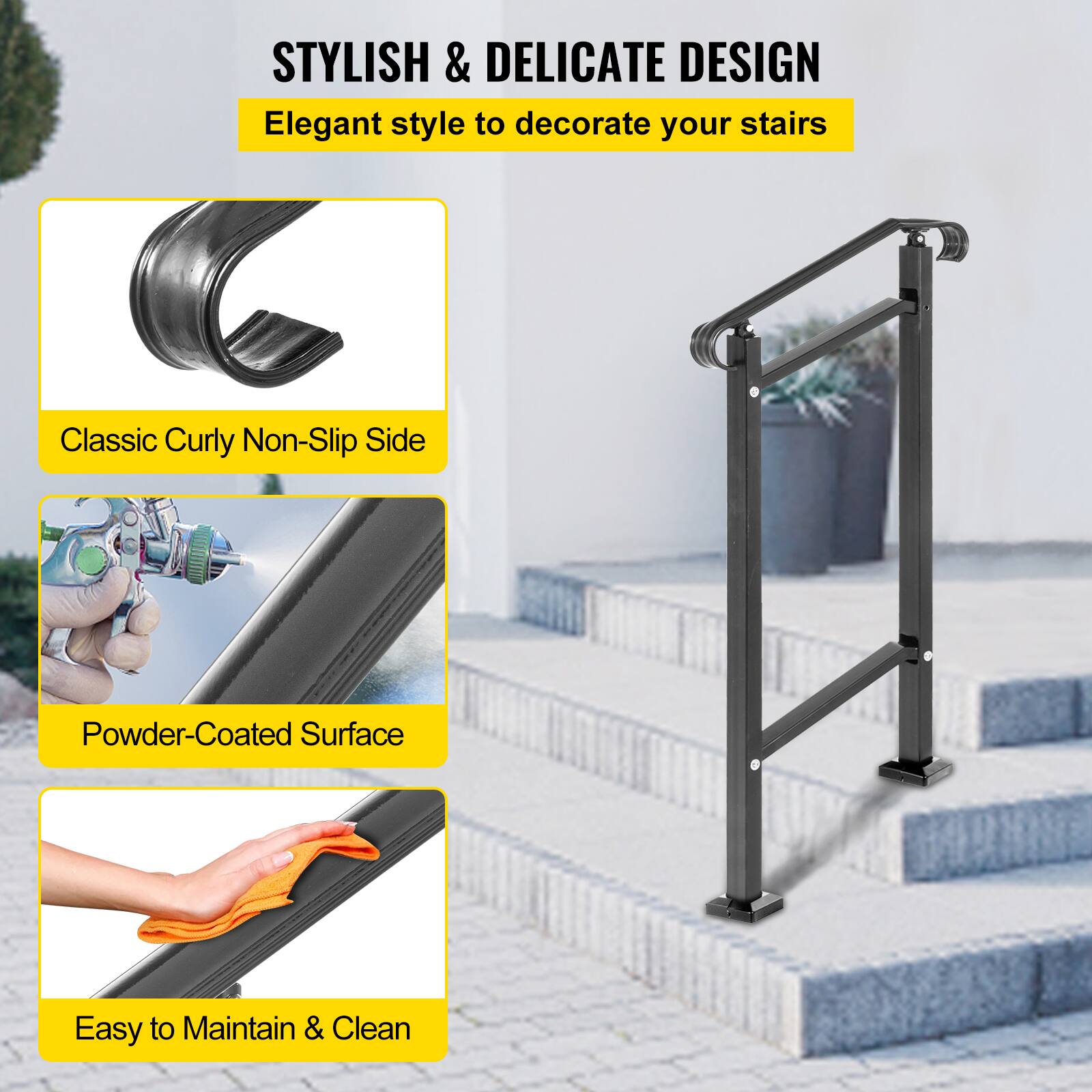 STYLISH & DELICATE DESIGN
Elegant style to decorate your stairs
Classic Curly Non-Slip Side
Powder-Coated Surface
Easy to Maintain & Clean