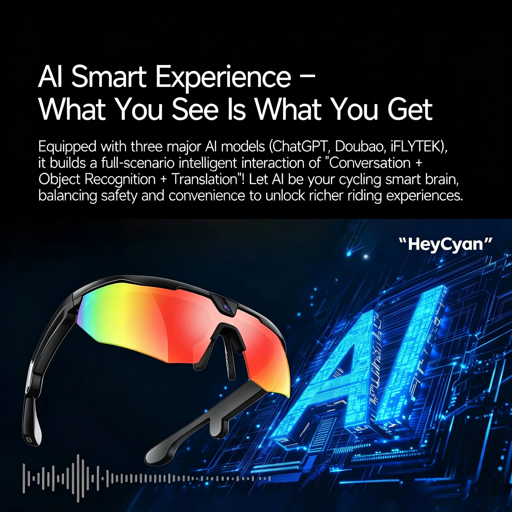 AI Smart Experience - What You See Is What You Get

Equipped with three major AI models (ChatGPT, Doubao, iFLYTEK), it builds a full-scenario intelligent interaction of "Conversation + Object Recognition + Translation"! Let AI be your cycling smart brain, balancing safety and convenience to unlock richer riding experiences.

"HeyCyan"