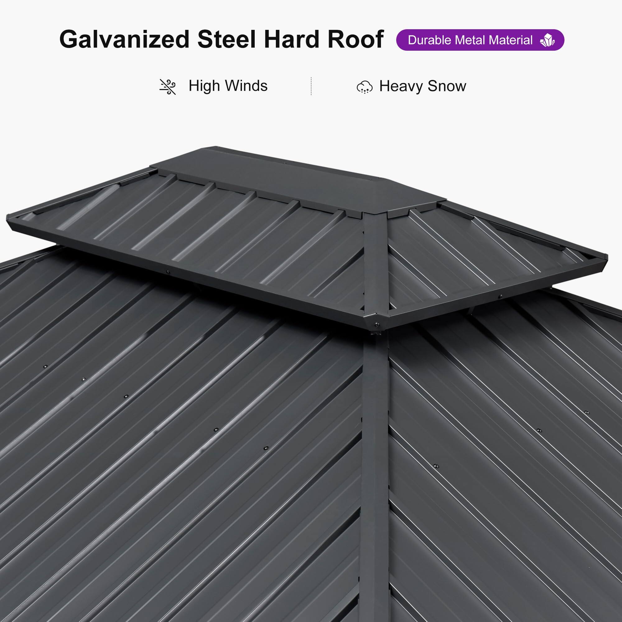 Galvanized Steel Hard Roof  
Durable Metal Material  
High Winds  
Heavy Snow