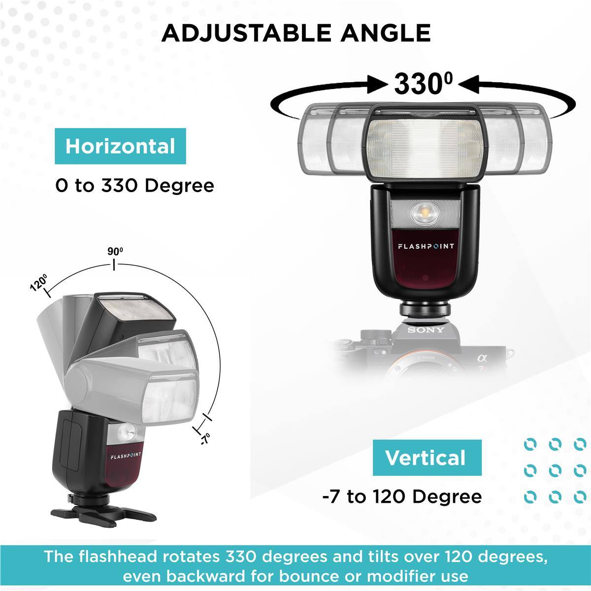 ADJUSTABLE ANGLE

Horizontal
0 to 330 Degree

Vertical
-7 to 120 Degree

The flashhead rotates 330 degrees and tilts over 120 degrees, even backward for bounce or modifier use