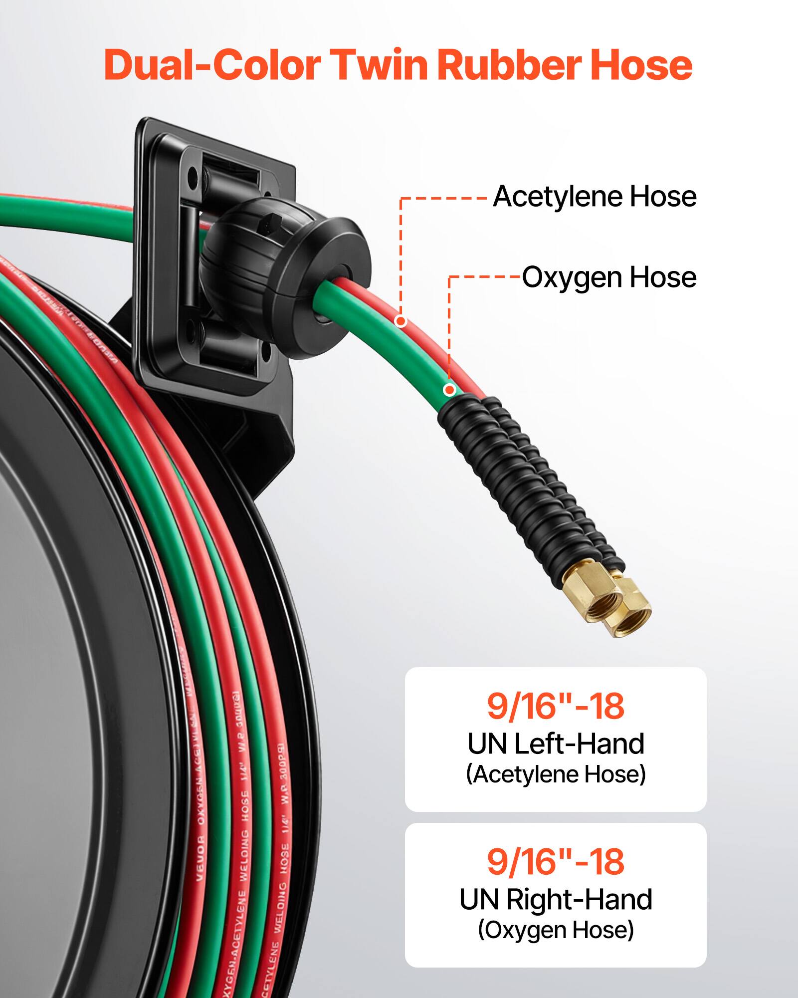 Dual-Color Twin Rubber Hose Acetylene Hose Oxygen Hose RTSV-NOXO VEVOR 100000 VAA C711 15J0DE W.P HOSE 114 WELDING EOH WELDING KYGEN.ACETYLENE CETYLENE 9/16"-18 UN Left-Hand (Acetylene Hose) 9/16"-18 UN Right-Hand (Oxygen Hose)