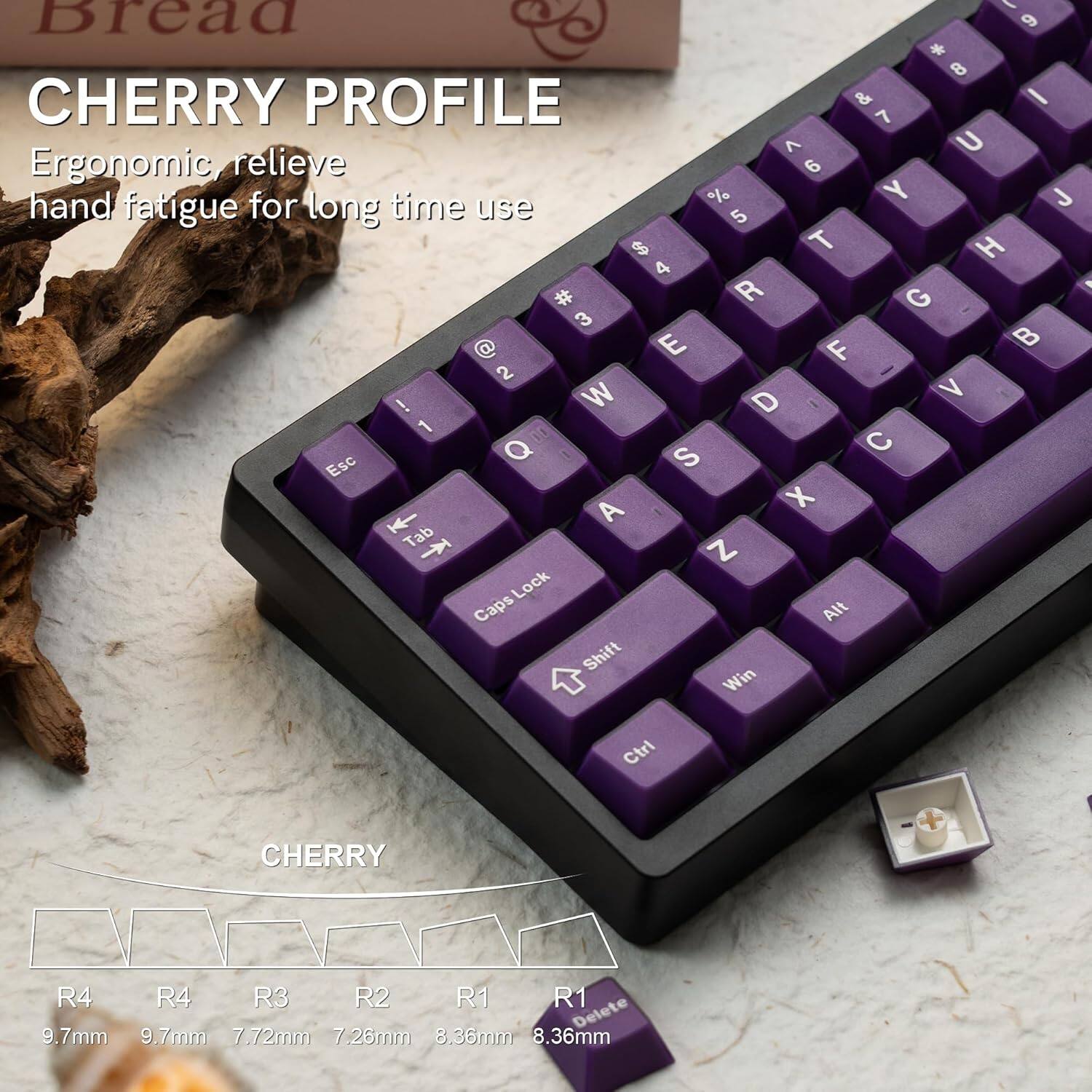 CHERRY PROFILE  
Ergonomic, relieve hand fatigue for long time use  

CHERRY  
R4 9.7mm  
R4 9.7mm  
R3 7.72mm  
R2 7.26mm  
R1 8.36mm  
R1 8.36mm