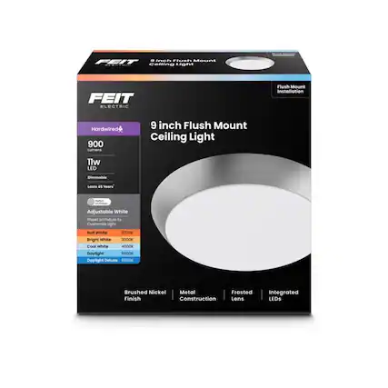 FEIT Electric Flush Mount Ceiling Light
9 Inch Flush Mount Ceiling Light
11w LED Dimmable
900 Lumens
Lasts 45 Years
Adjustable White (Preset on Fixture to Customize Light)
Soft White 2700K
Bright White 3000K
Cool White 4000K
Daylight 5000K
Daylight Deluxe 6500K
Brushed Nickel Metal
Frosted Finish
Construction Lens
Integrated LEDs