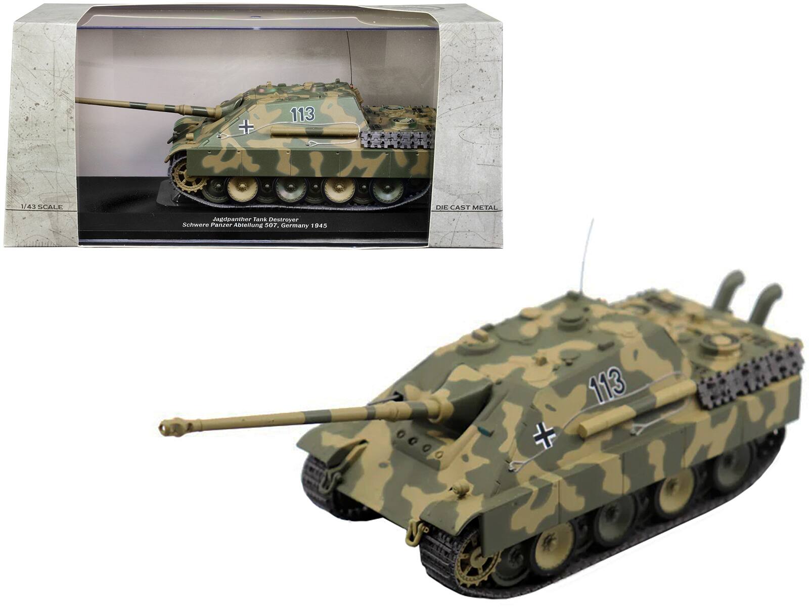 1/43 SCALE  
DIE CAST METAL  
Jagdpanther Tank Destroyer Schwere Panzer Abteilung 507. Germany 1945  
113