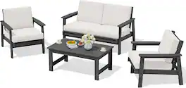 SERWALL - HDPE Outdoor Furniture Set, 4 Piece Outdoor Sofa Set, Havy-duty Weatherproof HDPE Frame with Wood-Like Texture - Grey/Khaki