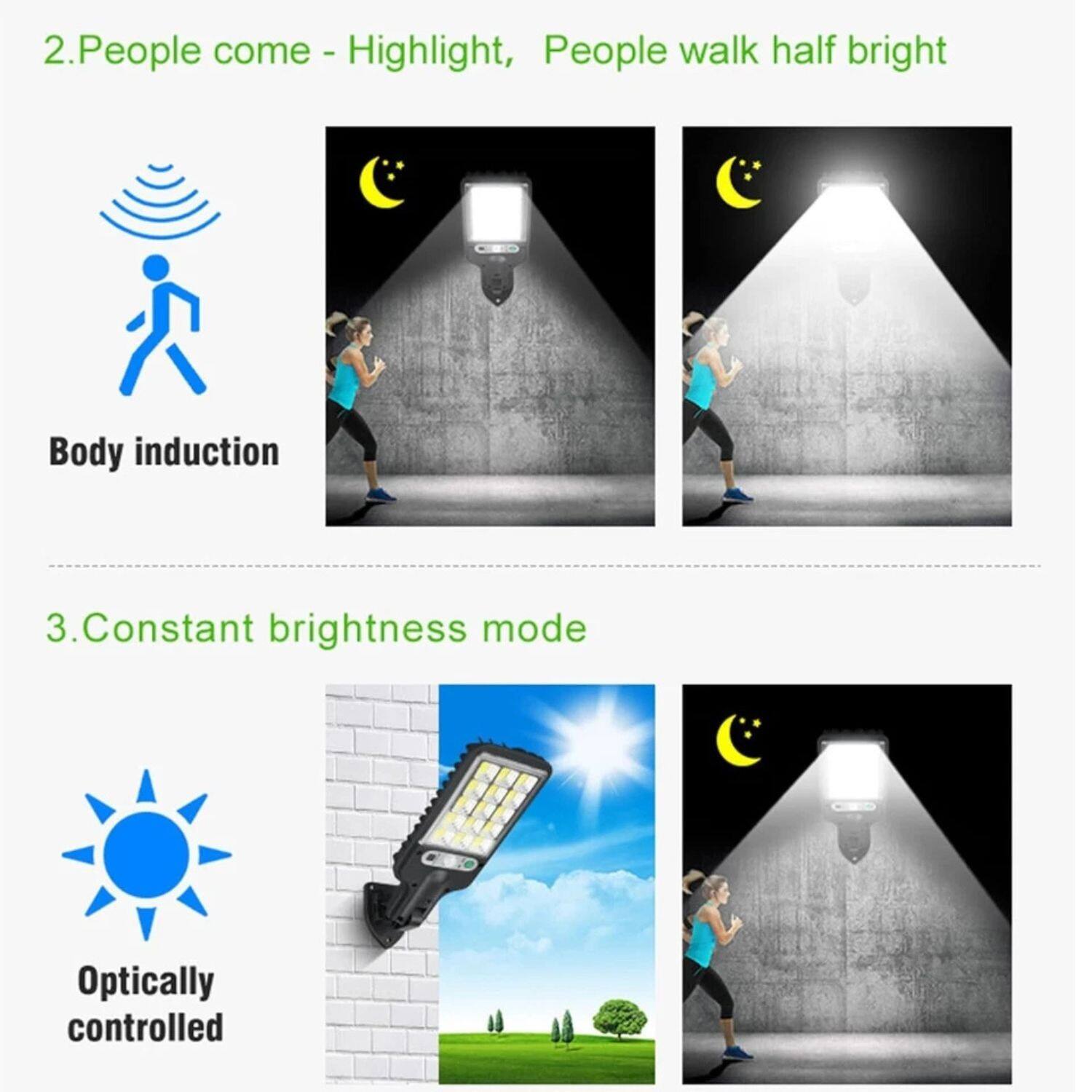 2. People come - Highlight, People walk half bright  
   Body induction  

3. Constant brightness mode  
   Optically controlled