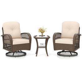 Gymax - Set Of 3 Patio Swivel Rocker Set Gliding Bistro Furniture Set w/ Tempered Glass Table Beige - Mix Brown,Beige