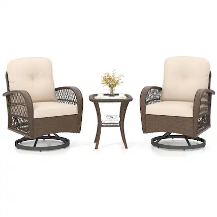Front. Gymax - Gymax Set Of 3 Patio Swivel Rocker Set Gliding Bistro Furniture Set w/ Tempered Glass Table Beige - Mix Brown,Beige.