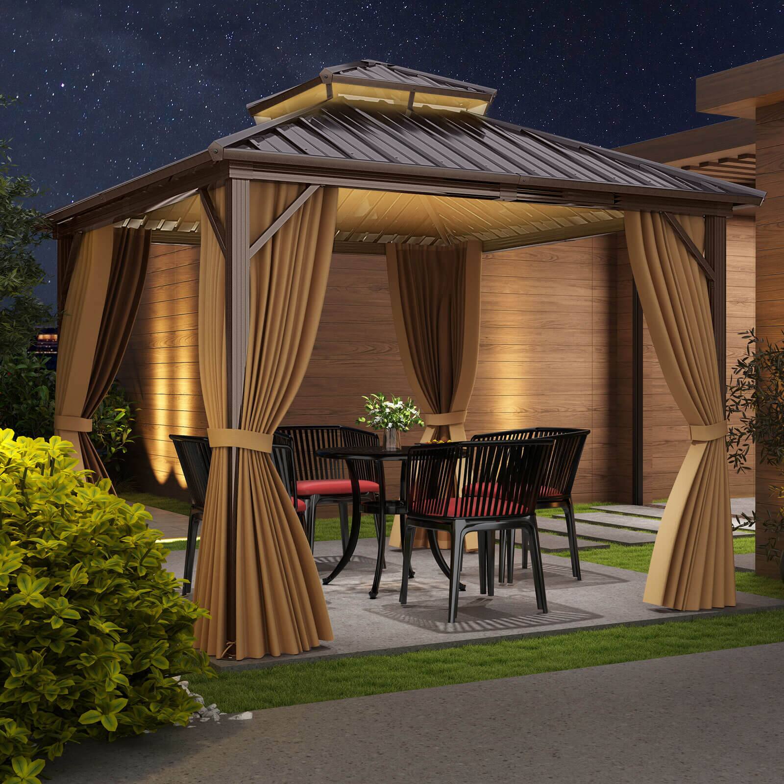 Alt View 1. Costway - Costway 10 X 10 FT Hardtop Gazebo with Curtain Heavy-Duty Double-Roof Galvanized Metal Top - Brown.