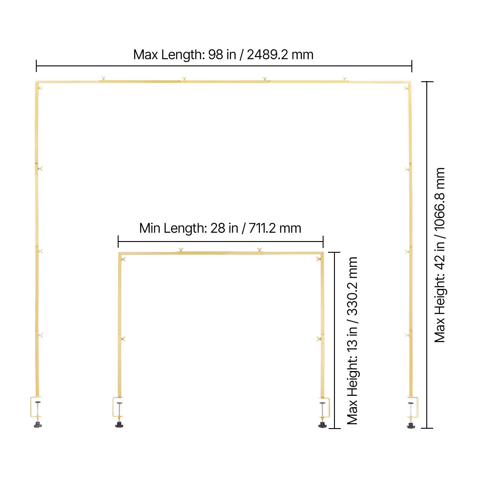 Max Length: 98 in / 2489.2 mm  
Min Length: 28 in / 711.2 mm  
Max Height: 42 in / 1066.8 mm  
Max Height: 13 in / 330.2 mm