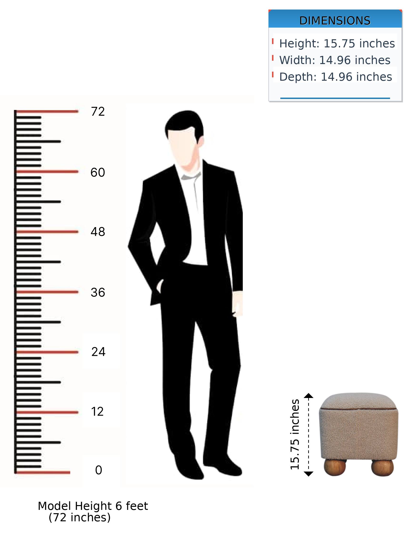 DIMENSIONS  
Height: 15.75 inches  
Width: 14.96 inches  
Depth: 14.96 inches  

Model Height: 6 feet (72 inches)