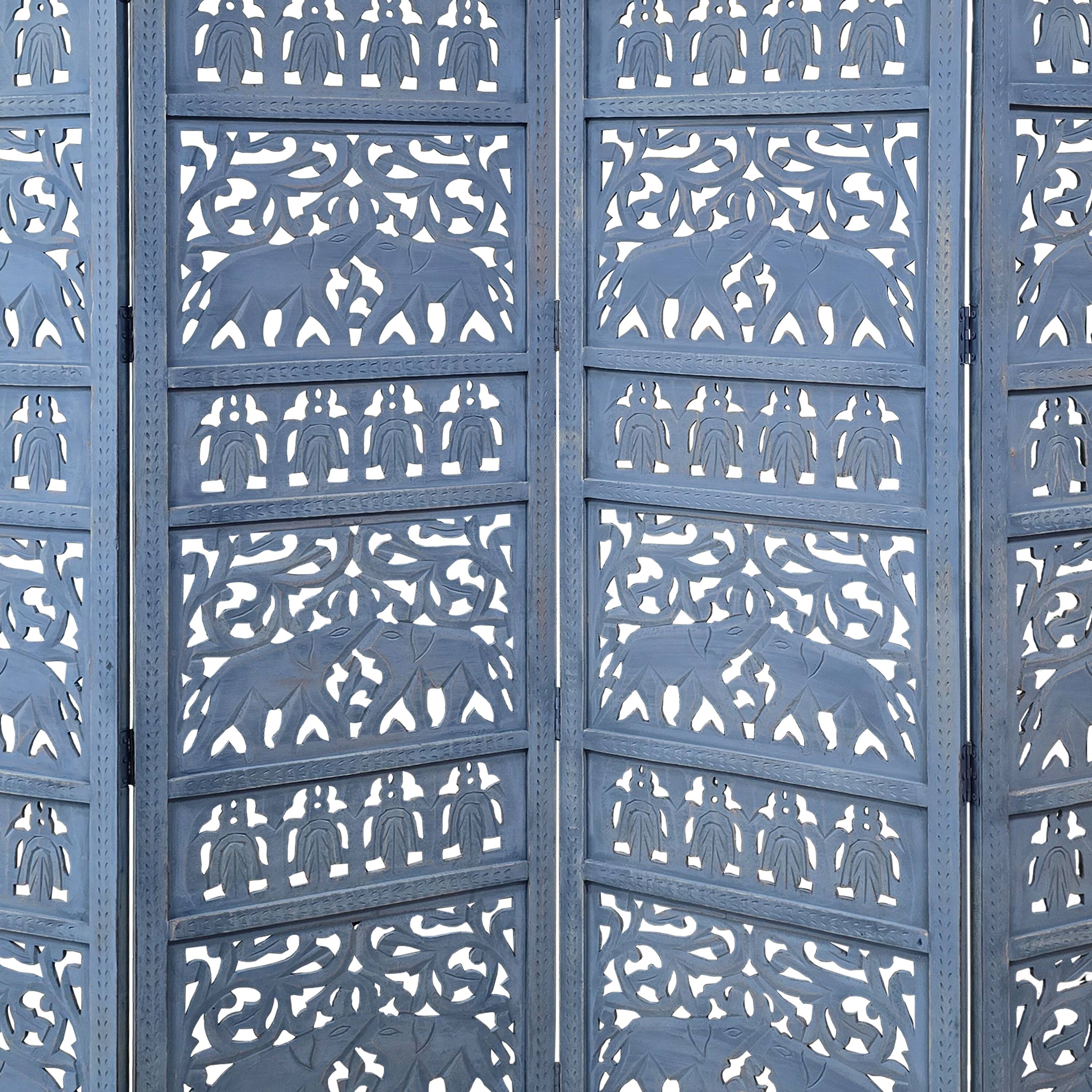 Alt View 2. Manhattan Lane - Jumbo 4 Panel Folding Room Divider Screen, Antique Blue Mango Wood, Elephant Motif Carved Design - Blue.
