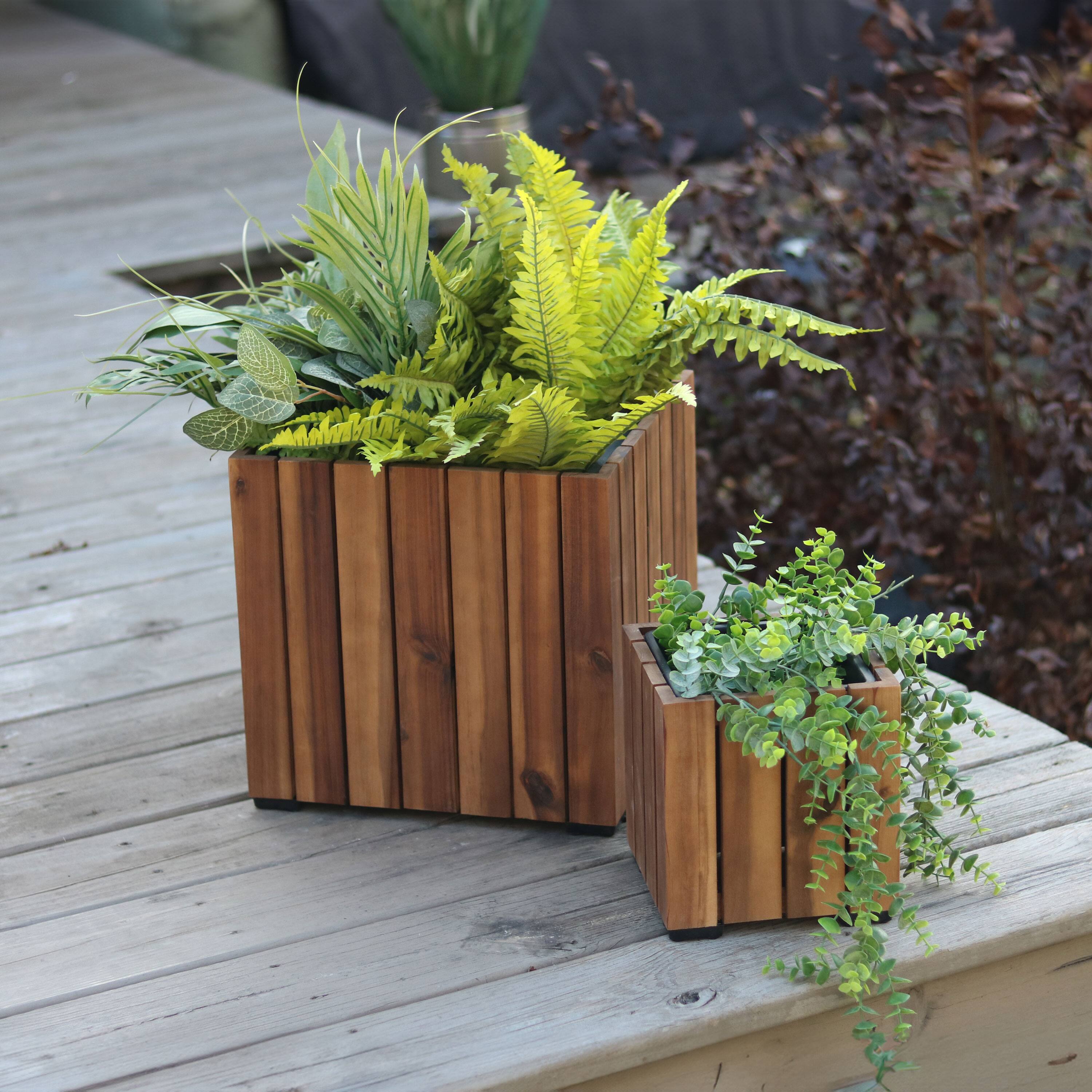Alt View 1. Sunnydaze - 2-Piece Square Wood Planter Box with Liner - Light Brown Stain.