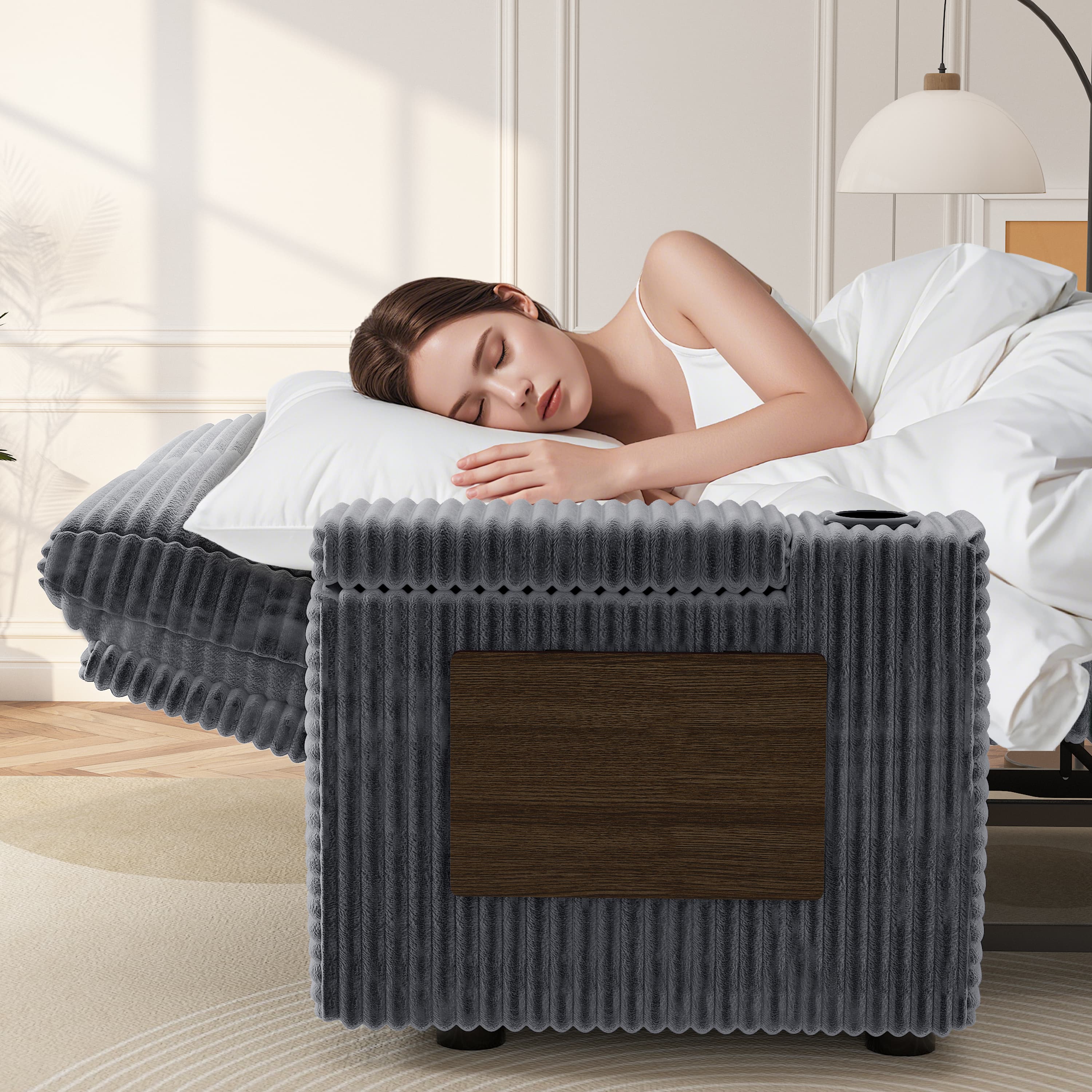 Alt View 3. Vipbear - 65.5" Corduroy Sofa Adjustable Backrest with Hidden Storage Box, Side Storage Bag USB Charging Side Table &Cup Holder - Dark Gray.