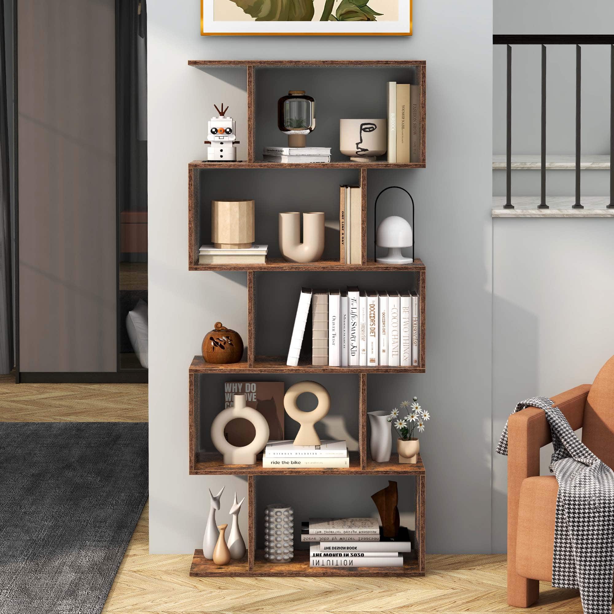 Costway - 1 PC 5-Tier Bookshelf Geometric S-Shaped Bookcase Room Divider Storage Display Shelf - Rustic Brown