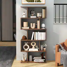Costway - 1 PC 5-Tier Bookshelf Geometric S-Shaped Bookcase Room Divider Storage Display Shelf - Rustic Brown