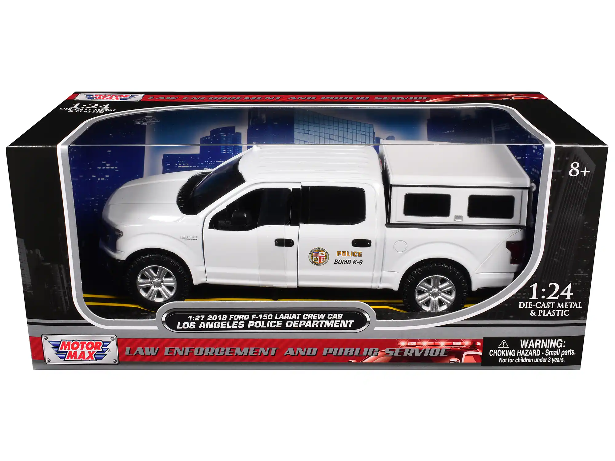 CAN SENT ANES SESIES - INVILS Ha ENFORGEMENTA NT NDHO 24 A O - .. G3RE 8+ a POLICE 0F BOMB K-9 NE 1:27 2019 FORD F-150 LARIAT CREW CAB LOS ANGELES POLICE DEPARTMENT 1:24 DIE-CAST METAL & PLASTIC MOTOR MAX LAW ENFORCEMENT AND PUBLIC SERVICE WARNING: CHOKING HAZARD Small parts. Not for children under 3 years.