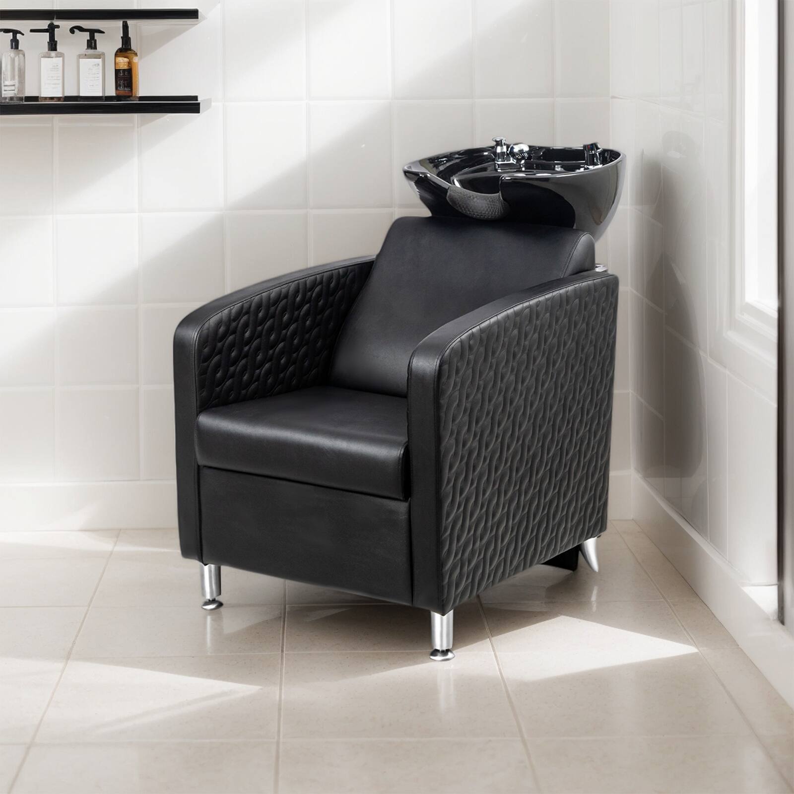 Left. Winado - Professional Salon Shampoo Chair Ergonomic Hair Washing Station with Porcelain Sink & Retractable Sprayer for Barbershop - Black.