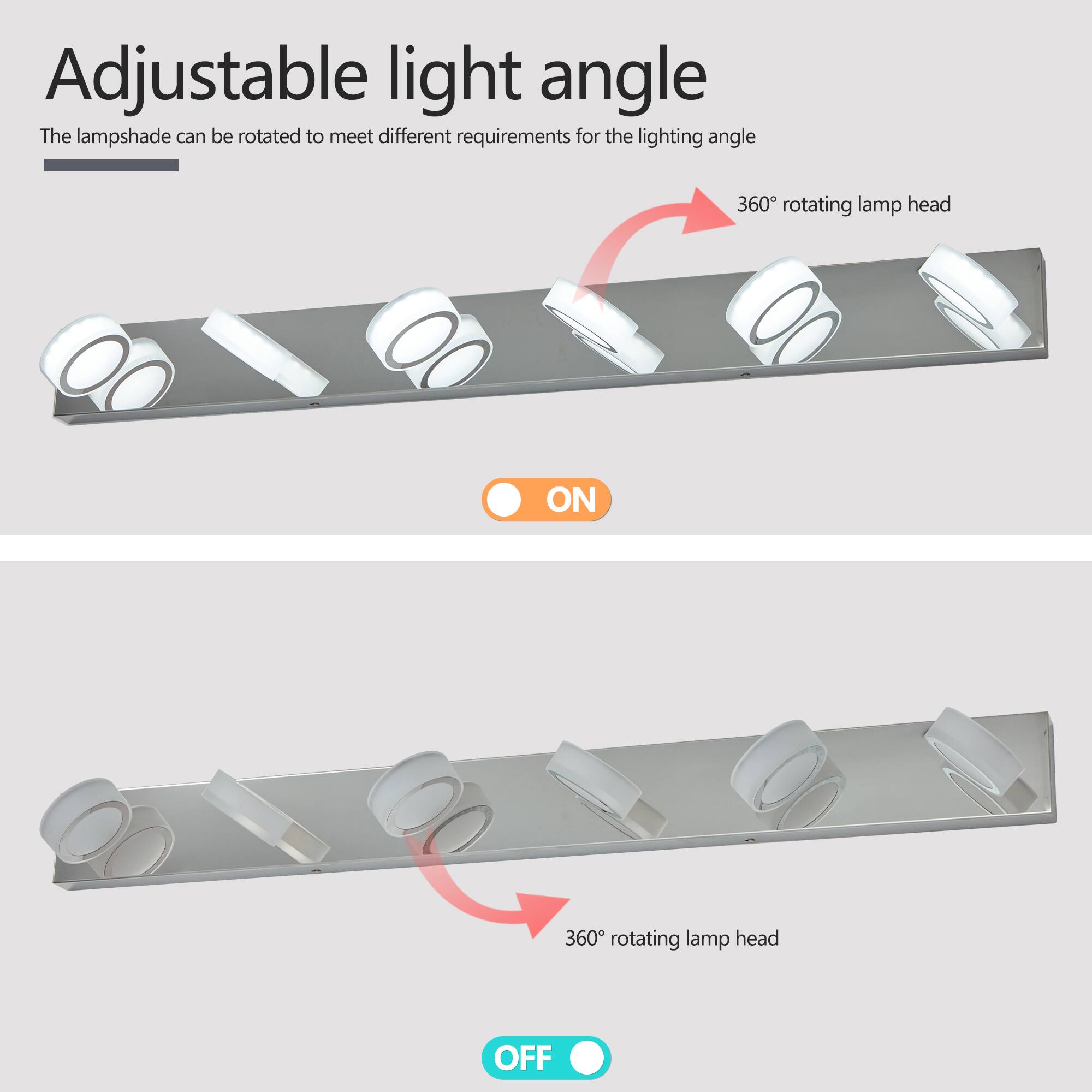 Adjustable light angle

The lampshade can be rotated to meet different requirements for the lighting angle

360° rotating lamp head

ON

360° rotating lamp head

OFF