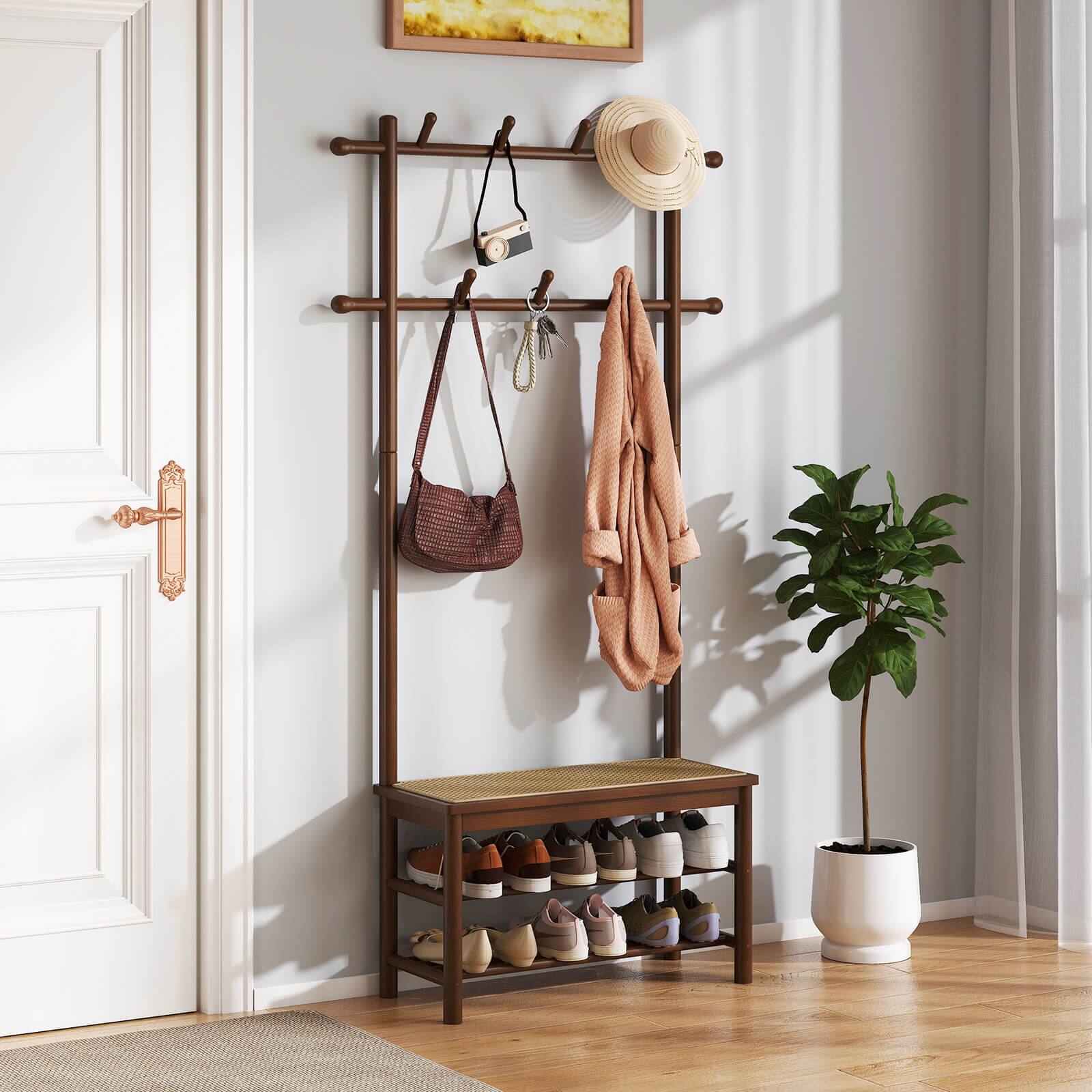 Alt View 1. Costway - Costway Bamboo Coat Rack with Bench Shoe Storage 2 Hanging Rods 11 Hanging Hooks Shelves - Brown.