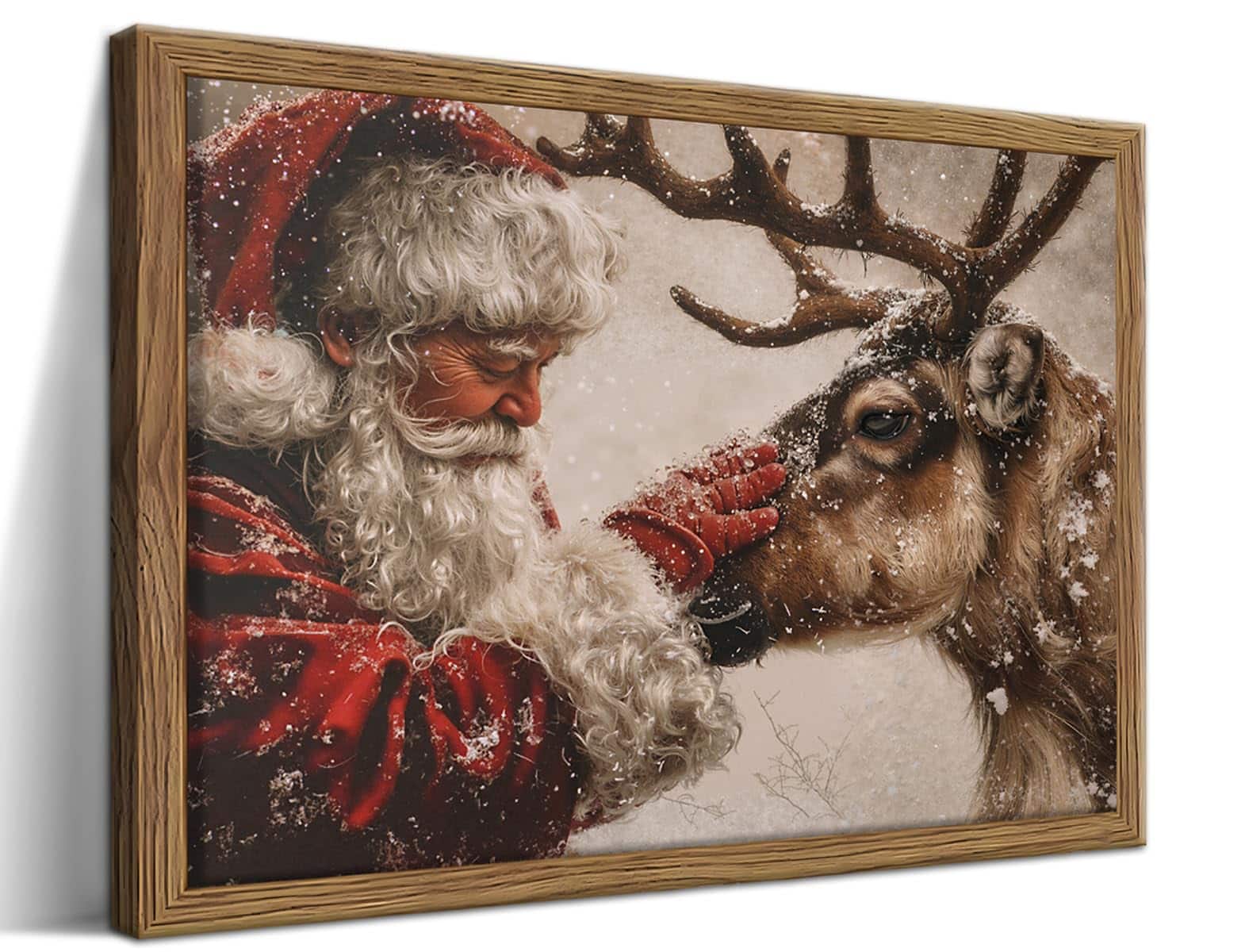 Fabibe - Framed Vintage Floral Wall Art, Dark Moody Flower Wall Decor Paintings, Retro Farmhouse Botanical Antique Posters Prints - Red Santa Claus and deer 16"L x 12"W Framed