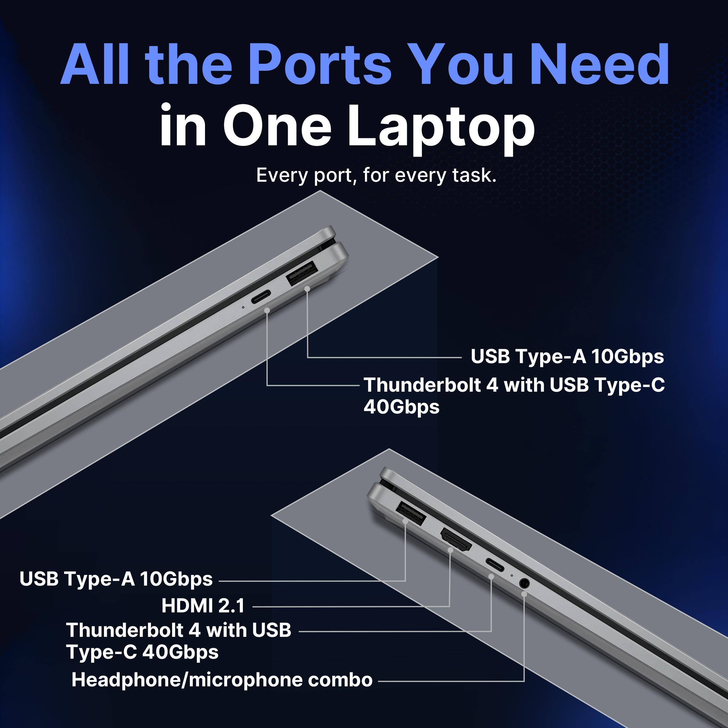 All the Ports You Need in One Laptop  
Every port, for every task.  

USB Type-A 10Gbps  
Thunderbolt 4 with USB Type-C 40Gbps  

USB Type-A 10Gbps  
HDMI 2.1  
Thunderbolt 4 with USB Type-C 40Gbps  
Headphone/microphone combo