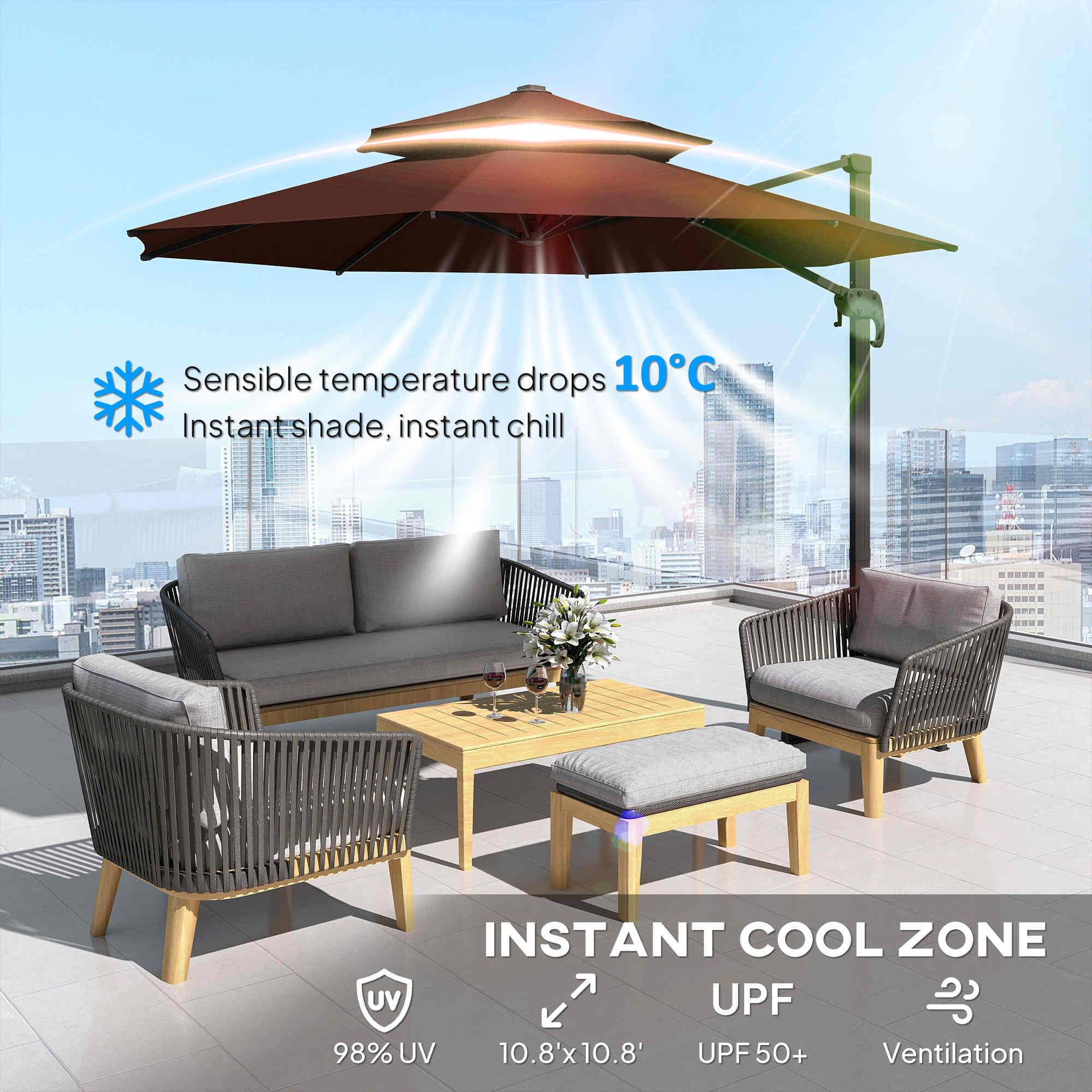 Sensible temperature drops 10°C  
Instant shade, instant chill  

INSTANT COOL ZONE  
98% UV  
10.8' x 10.8'  
UPF 50+  
Ventilation