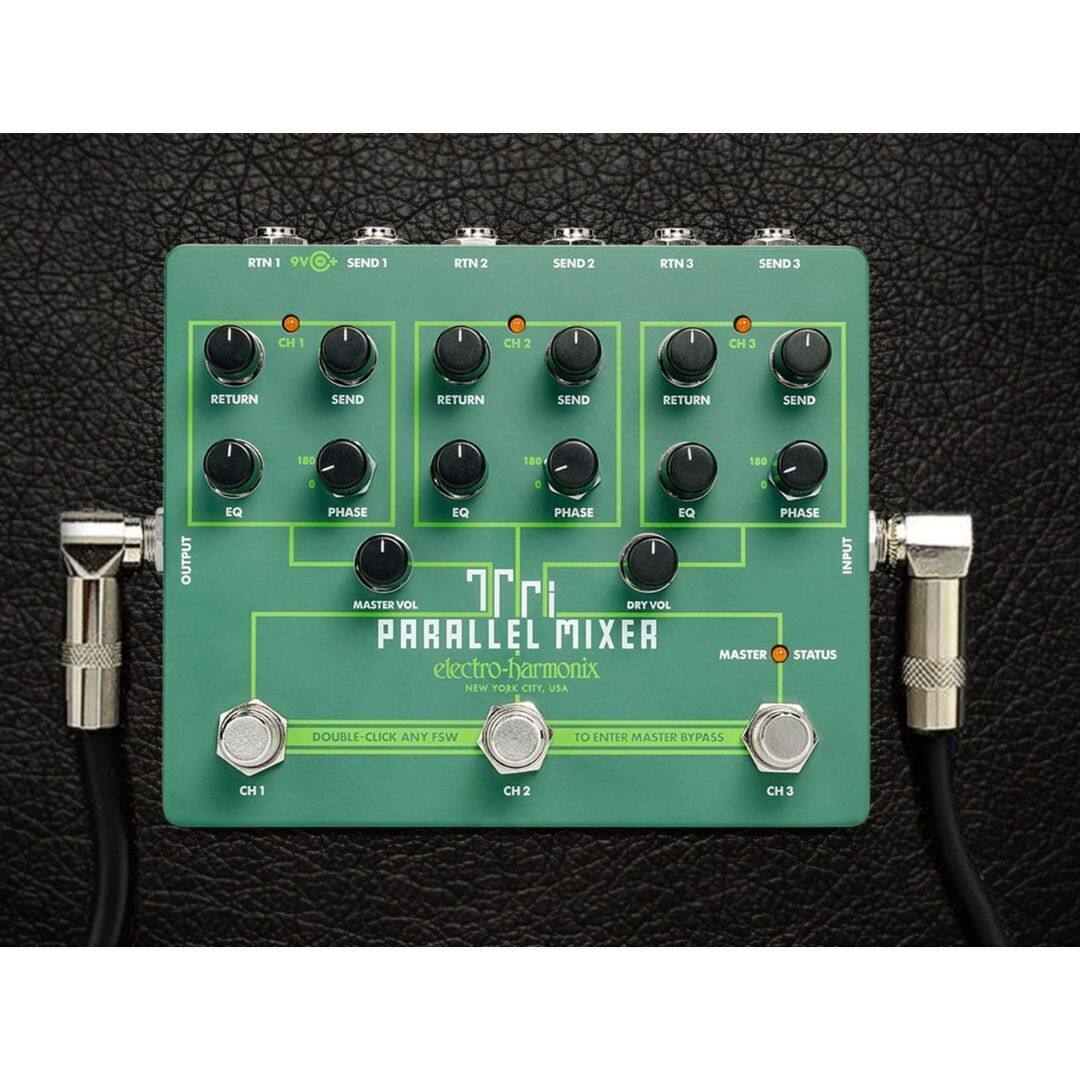 RTN 1 9V O SEND1 RTN2 SEND 2 RTN3 SEND3  
CH 1 I CH 2 I CH 3 I  
RETURN SEND RETURN SEND RETURN SEND  
180 180 180 0 0  
OUTPUT EQ PHASE EQ PHASE EQ  
MASTIR VOL Tri DET VOL  
PARALLEL MIXER  
electro-harmonix  
NEW YORK CITY, USA  
PHASE INPUT MASTER STATUS  
DOUBLE-CLICK ANY FSW TO ENTER MASTER BYPASS  
CH 1 CH2 CH 3