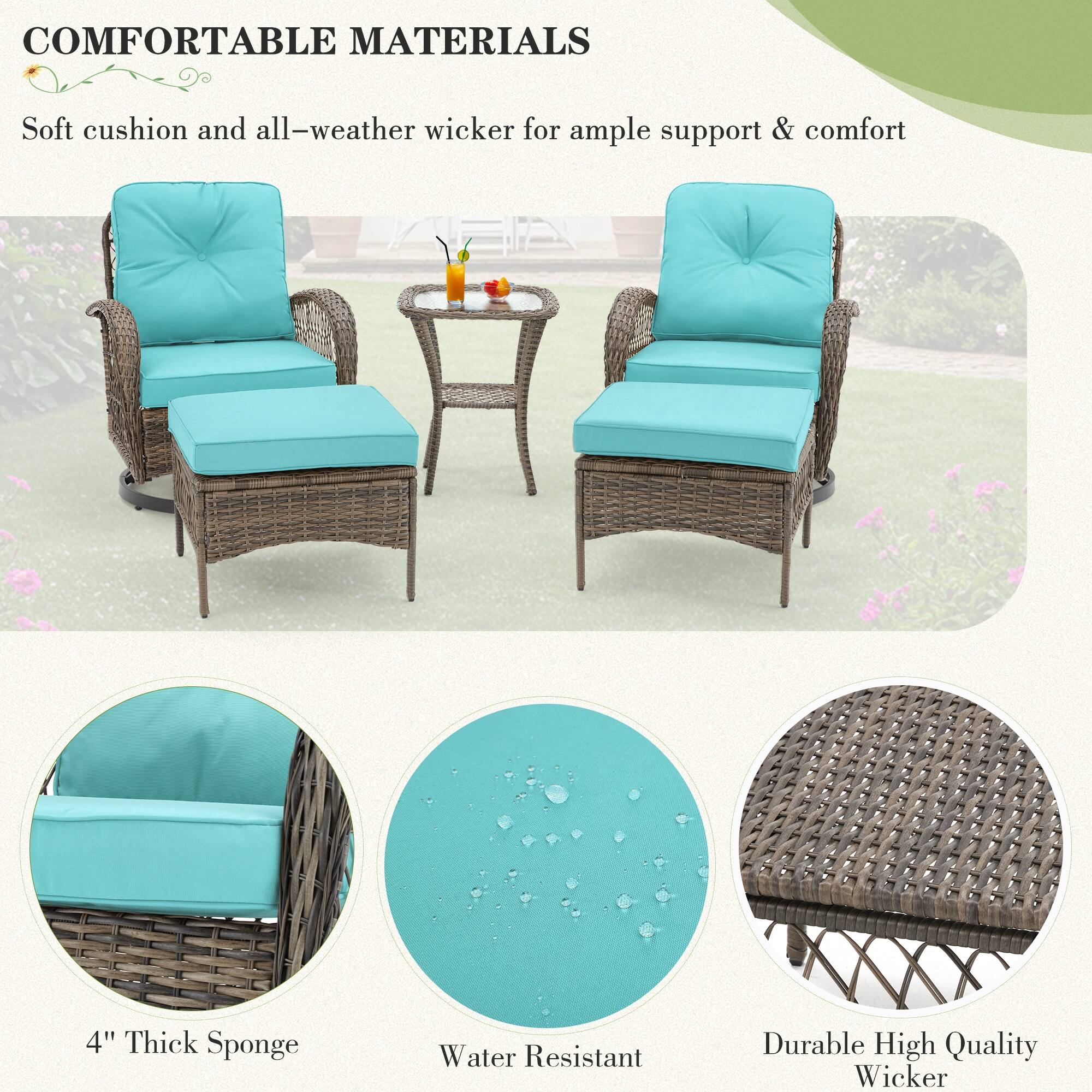COMFORTABLE MATERIALS

Soft cushion and all-weather wicker for ample support & comfort

4" Thick Sponge

Water Resistant

Durable High Quality Wicker