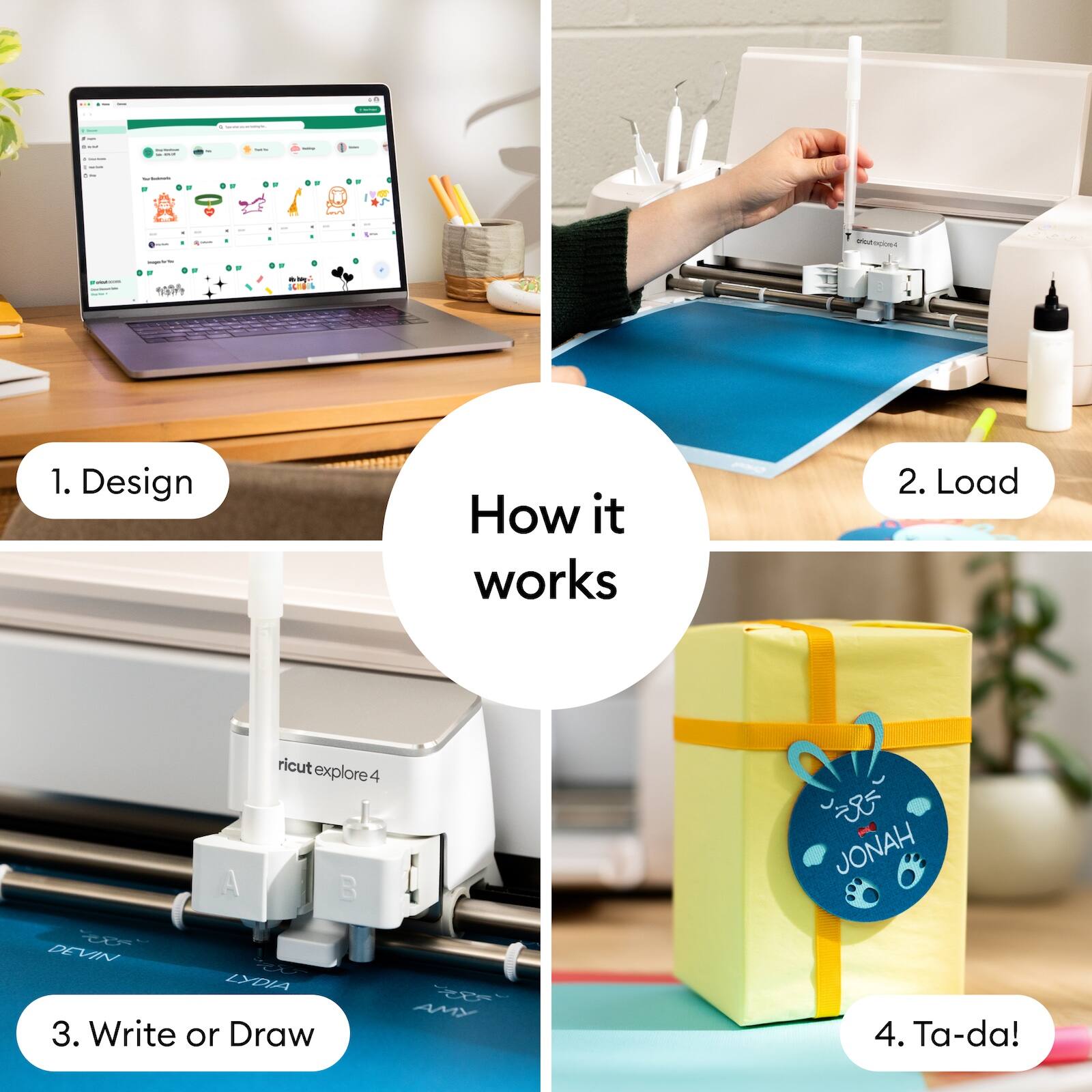 1. Design  
2. Load  
3. Write or Draw  
4. Ta-da!  

How it works