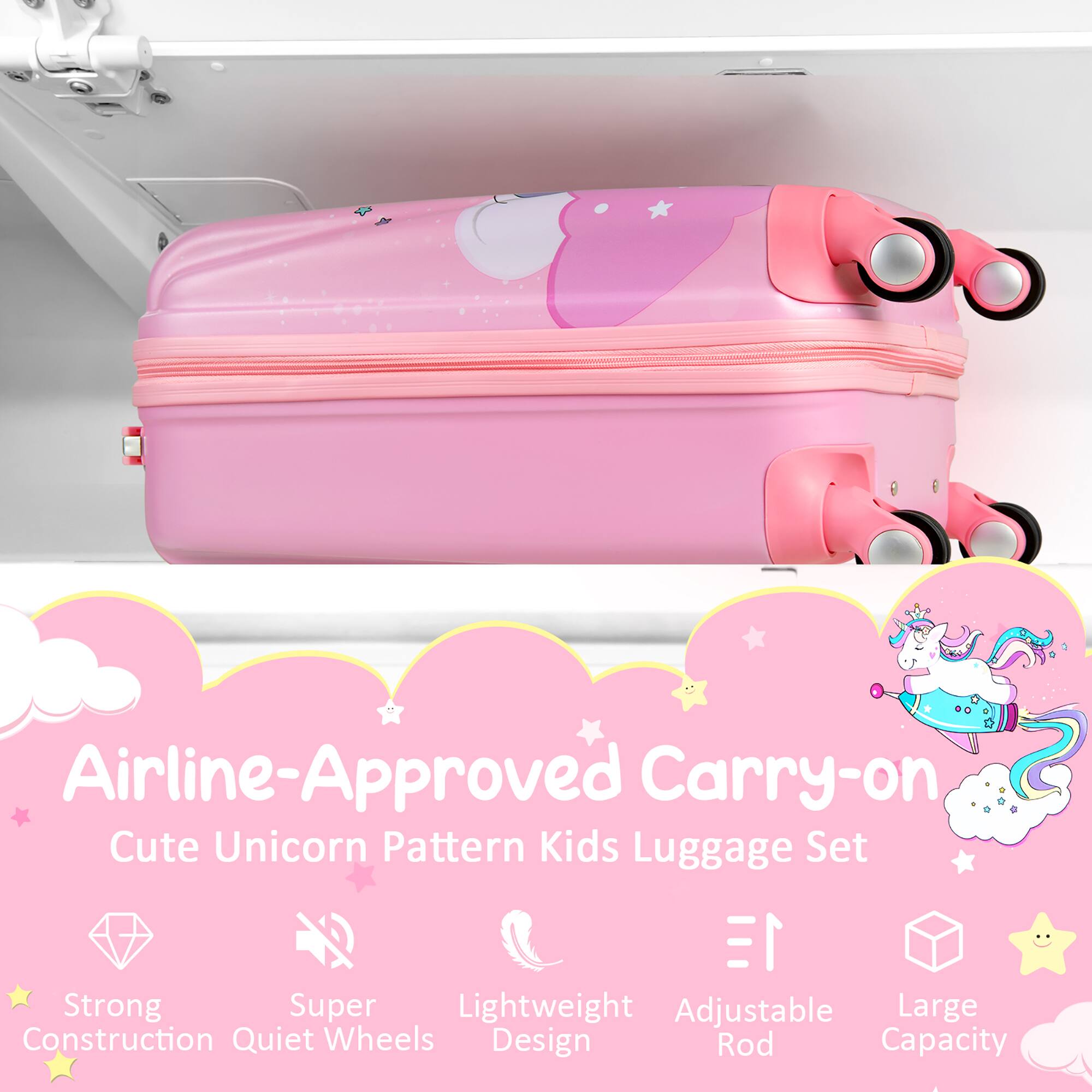 Airline-Approved Carry-on Cute Unicorn Pattern Kids Luggage Set

- Strong Construction
- Super Quiet Wheels
- Lightweight Design
- Adjustable Rod
- Large Capacity