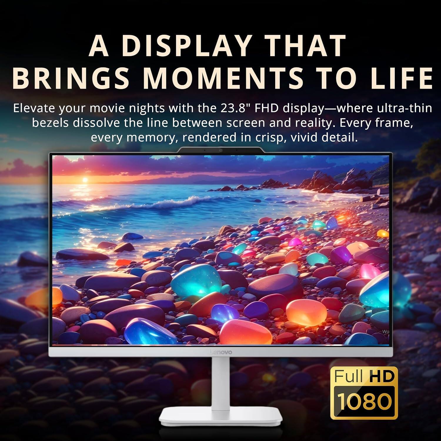 A DISPLAY THAT BRINGS MOMENTS TO LIFE

Elevate your movie nights with the 23.8" FHD display—where ultra-thin bezels dissolve the line between screen and reality. Every frame, every memory, rendered in crisp, vivid detail.

Lenovo Full HD 1080