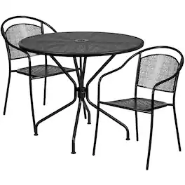 Emma + Oliver - Commercial 35.25" Round Metal Garden Patio Table Set w/ 2 Round Back Chairs - Black