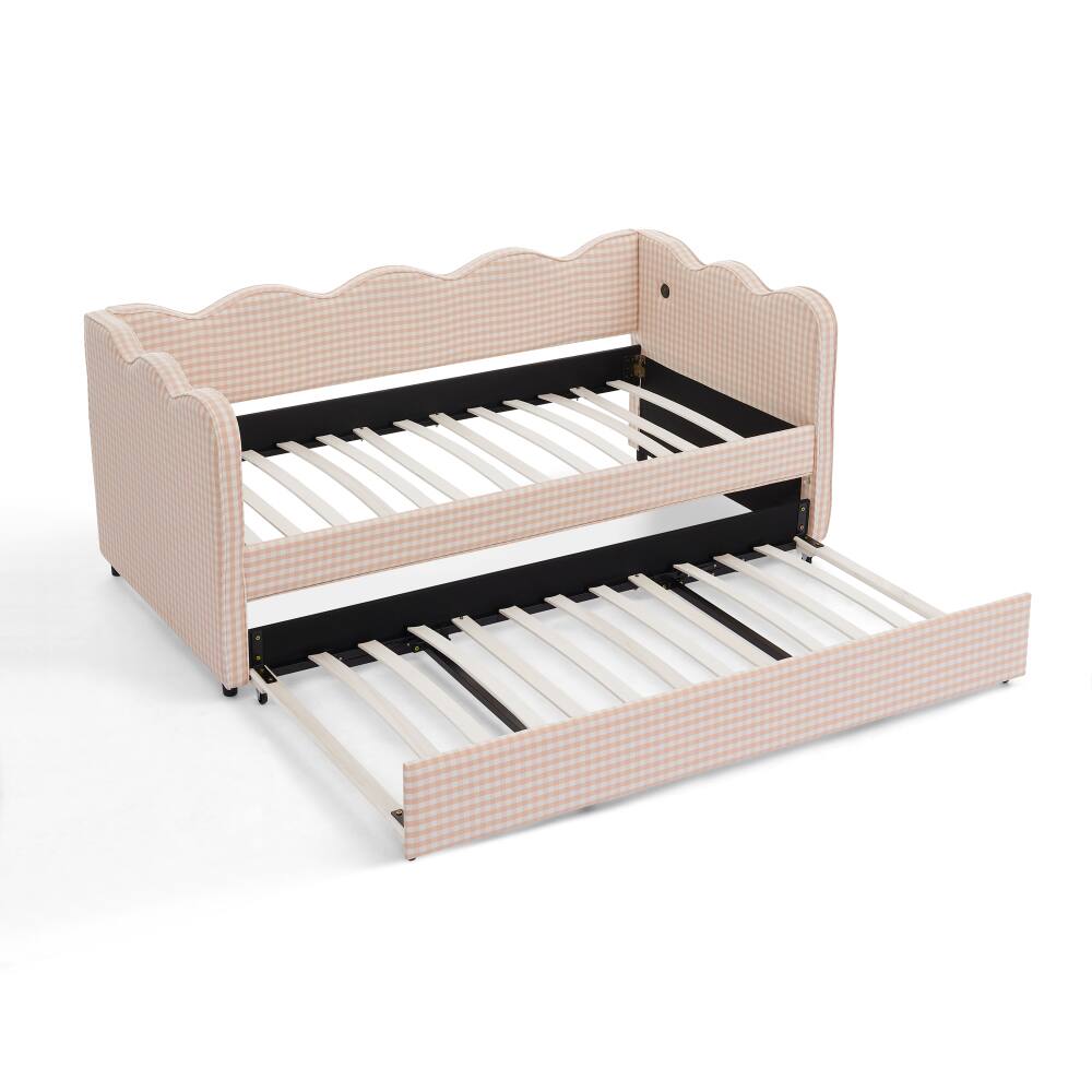 Alt View 6. JUJABU - Pink Cozy Gingham Daybed with Twin Size Trundle No Box Spring Needed, with USB Port and Adorable Wave Shaped - Pink.