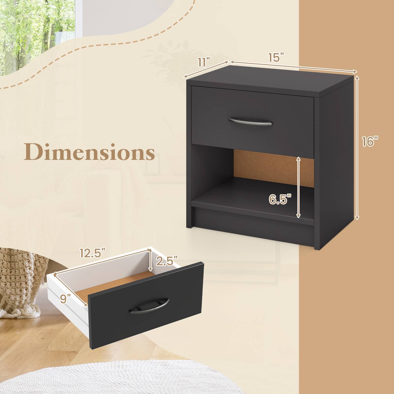 Dimensions

- Width: 15"
- Depth: 16"
- Height: 11"
- Shelf Height: 6.5"
- Drawer Width: 12.5"
- Drawer Depth: 9"
- Drawer Height: 2.5"
