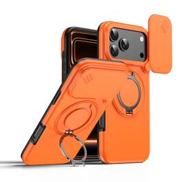 Dteck - Heavy Duty Case for Apple iPhone 17 Pro Max with Foldable Ring Stand,Bulit in Slide Camera Cover,Fit Magnetic Car Mount - Orange