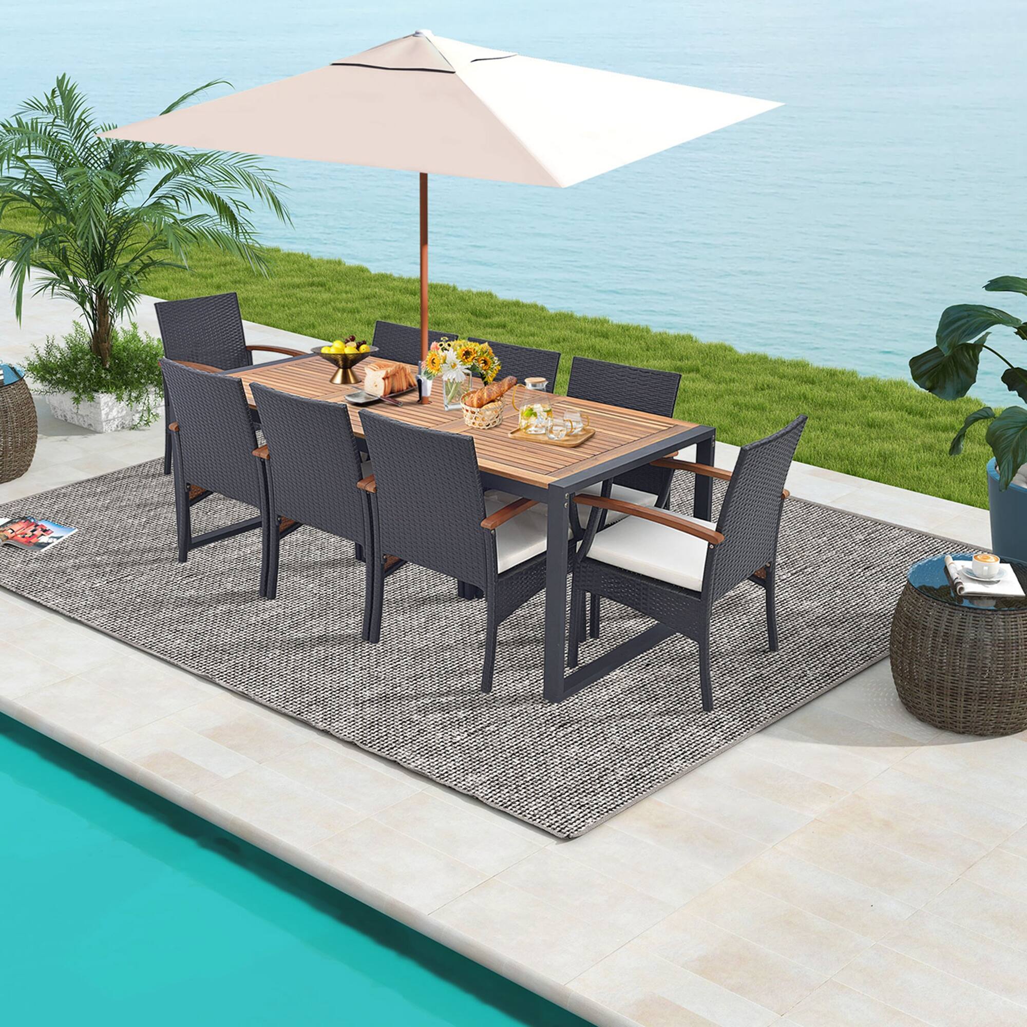 Alt View 3. Costway - 9 Pieces  Patio Rattan Dining Set with Acacia Wood Table, 1.9" Umbrella Hole - Mix Brown + Off White.