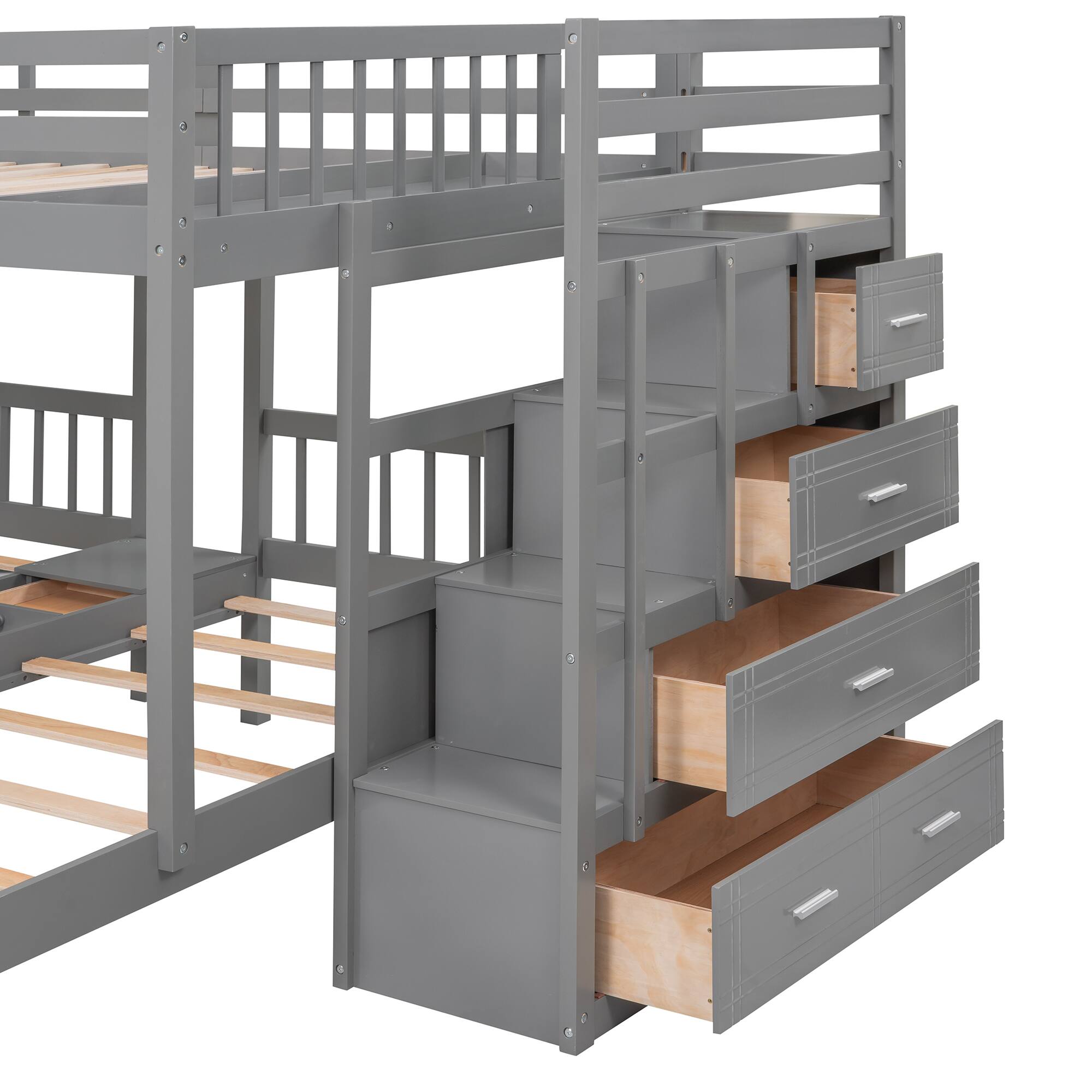 Alt View 6. Tiramisubest - Full Over Twin & Twin Wood Triple Bunk Bed, Gray: Space-Saving, Sturdy & Safe - Gray.