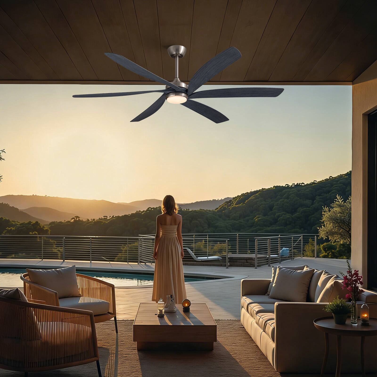 Alt View 4. Siljoy - 64" Modern Silent Ceiling Fan, Reversible DC Motor, 6 Speeds, Timer, Natural Wind, Remote & APP Control, Indoor Outdoor - Brushed Nickel.