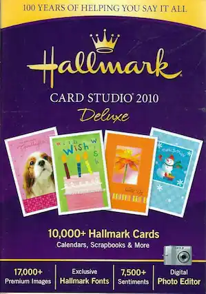 100 YEARS OF HELPING YOU SAY IT ALL
Hallmark CARD STUDIO 2010 Deluxe
10,000+ Hallmark Cards Calendars, Scrapbooks & More
17,000+ Premium Images
Exclusive Hallmark Fonts
7,500+ Sentiments
Digital Photo Editor