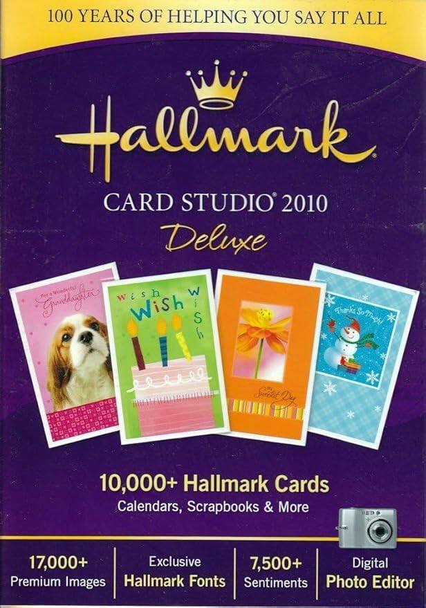 100 YEARS OF HELPING YOU SAY IT ALL

Hallmark CARD STUDIO 2010 Deluxe

10,000+ Hallmark Cards Calendars, Scrapbooks & More

17,000+ Premium Images

Exclusive Hallmark Fonts

7,500+ Sentiments

Digital Photo Editor