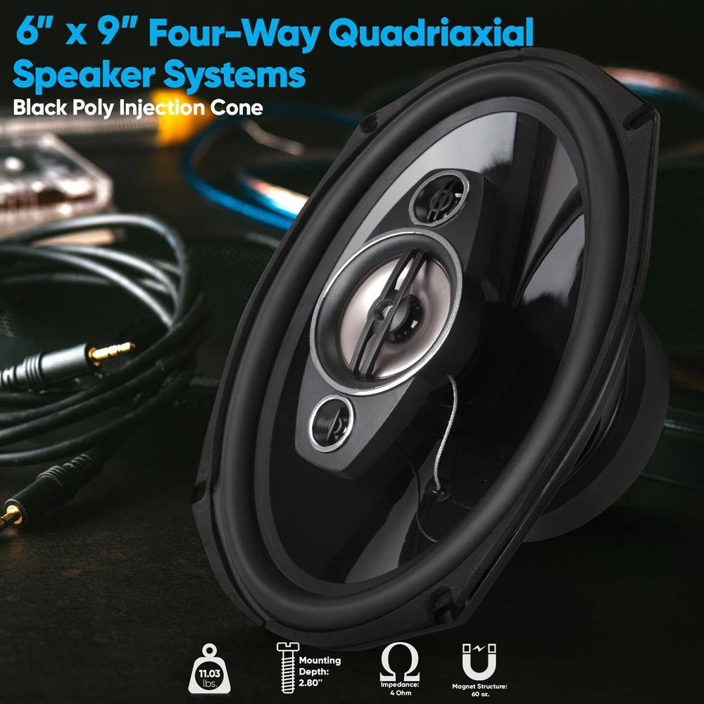 6" x 9" Four-Way Quadriaxial Speaker Systems  
Black Poly Injection Cone  

- Weight: 11.03 lbs  
- Mounting Depth: 2.80"  
- Impedance: 4 Ohm  
- Magnet Structure: 60 oz.