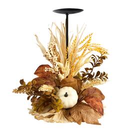 BreeBe - 12" Autumn Harvest and Pumpkin Fall Candle Holder - Multi