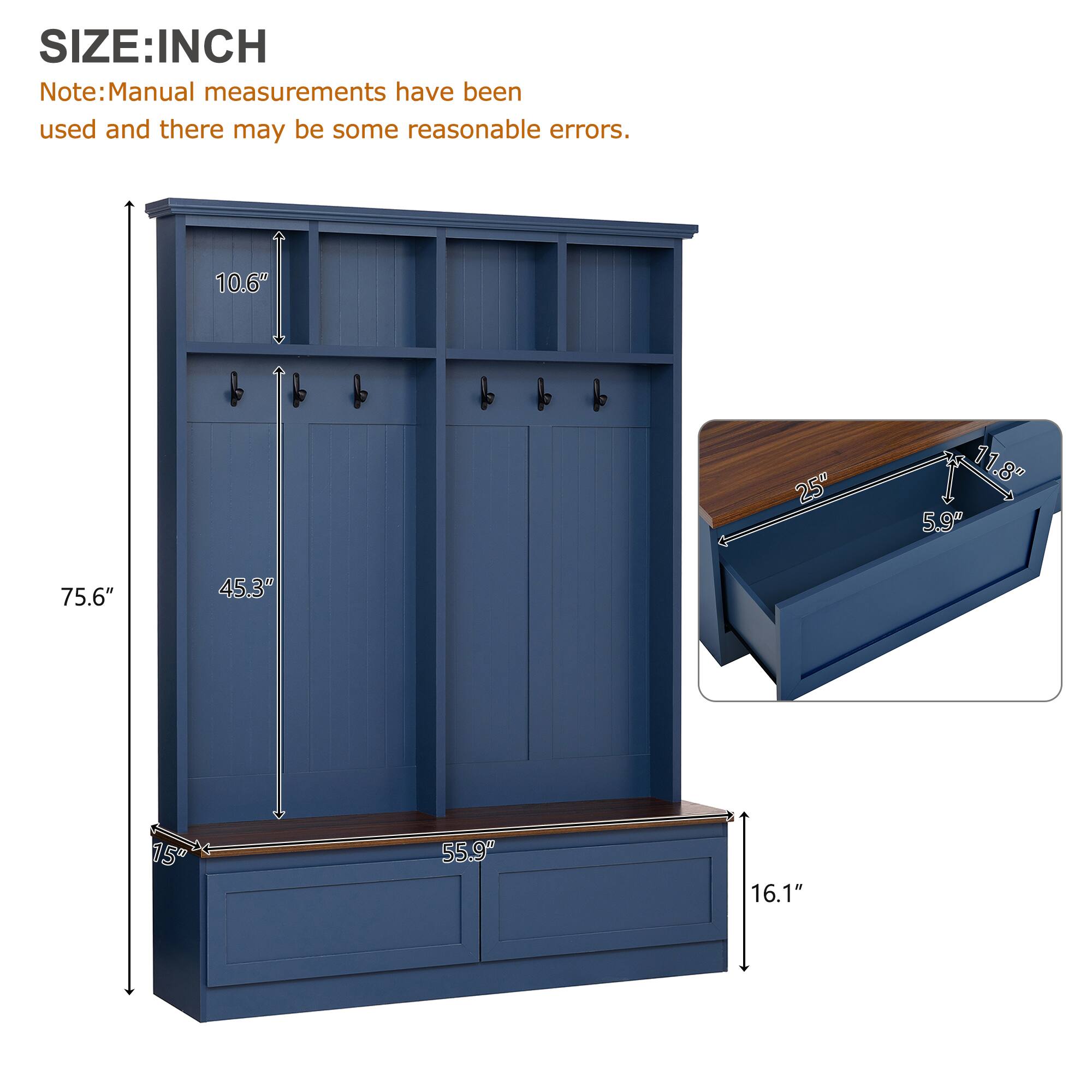 SIZE: INCH

Note: Manual measurements have been used and there may be some reasonable errors.

- 10.6"
- 25"
- 11.8"
- 5.9"
- 75.6"
- 45.3"
- 15"
- 55.9"
- 16.1"